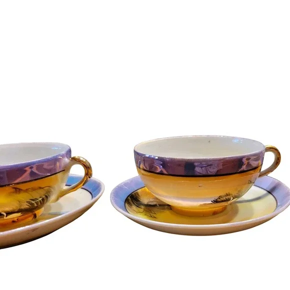 Vintage Teacup and Saucer Set Swan Crane Landscape Oriental Design - Picture 8 of 9